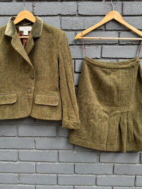 RARE VTG 80s Jones New York Herringbone Wool Lamb Blazer Jacket 2PC Skirt Set 8
